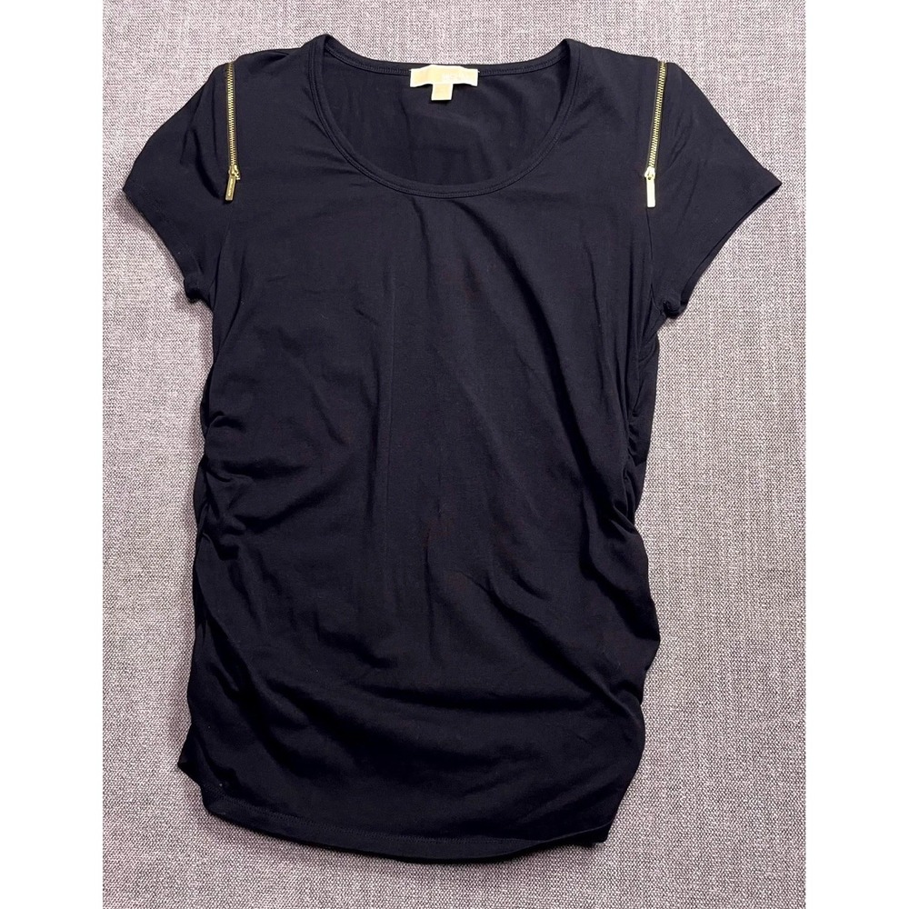 Michael Kors Knit Top Womens XL Black Short Sleeve Shoulder Zip Side Ruched
